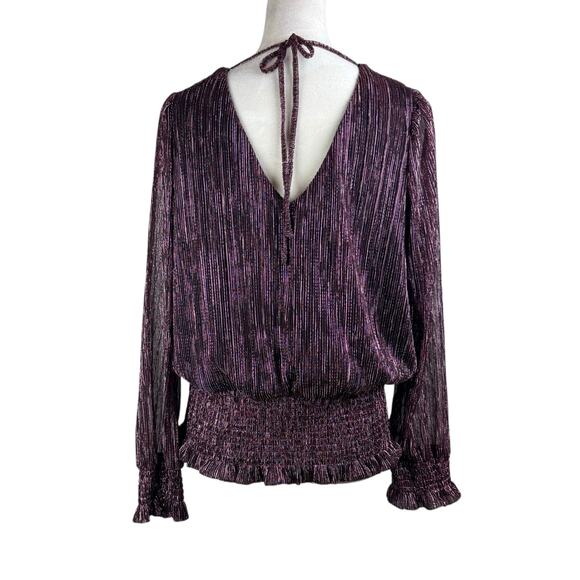 Joie Black & Pink Metallic Textured Ribbed Smocked Waist Long Sleeve Blouse - Picture 3 of 11